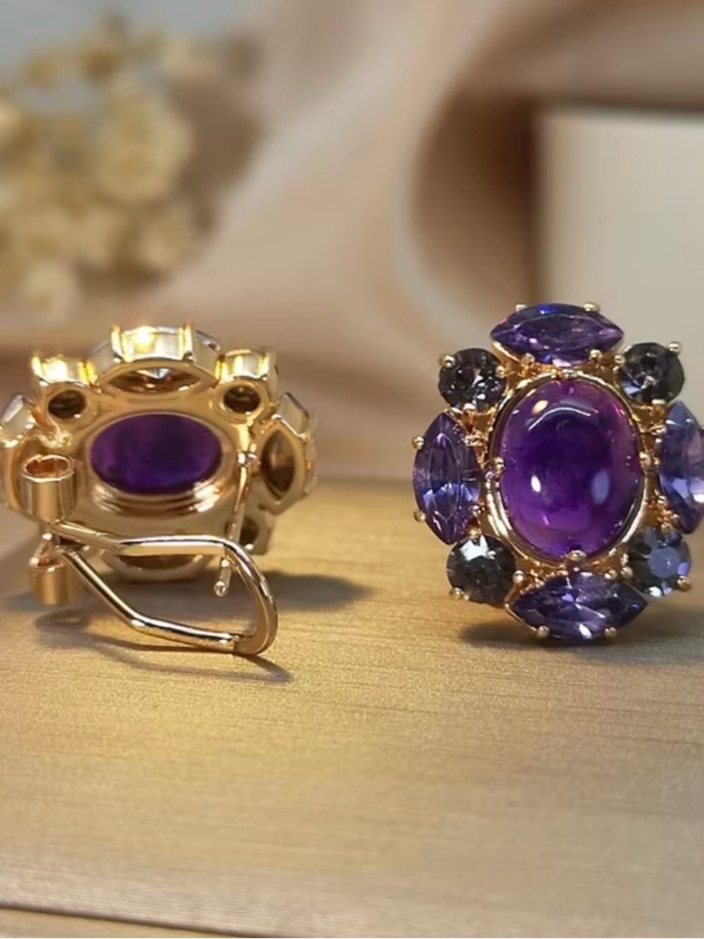 Gold-Tone Purple Stone Cluster Stud Earrings